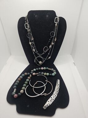 Multi-Strand Black and Silver Necklace with Mixed Bead Bracelet Set
